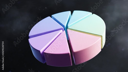 3d pie chart with seven glossy pastel-colored slices floating against a dark background, soft reflections and subtle depth