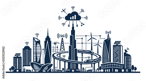 City skyline with technology icons and smart city features