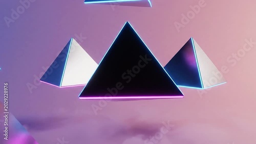 Floating metallic pyramids with neon blue and pink edge lighting over soft purple-pink clouds, futuristic vaporwave atmosphere.