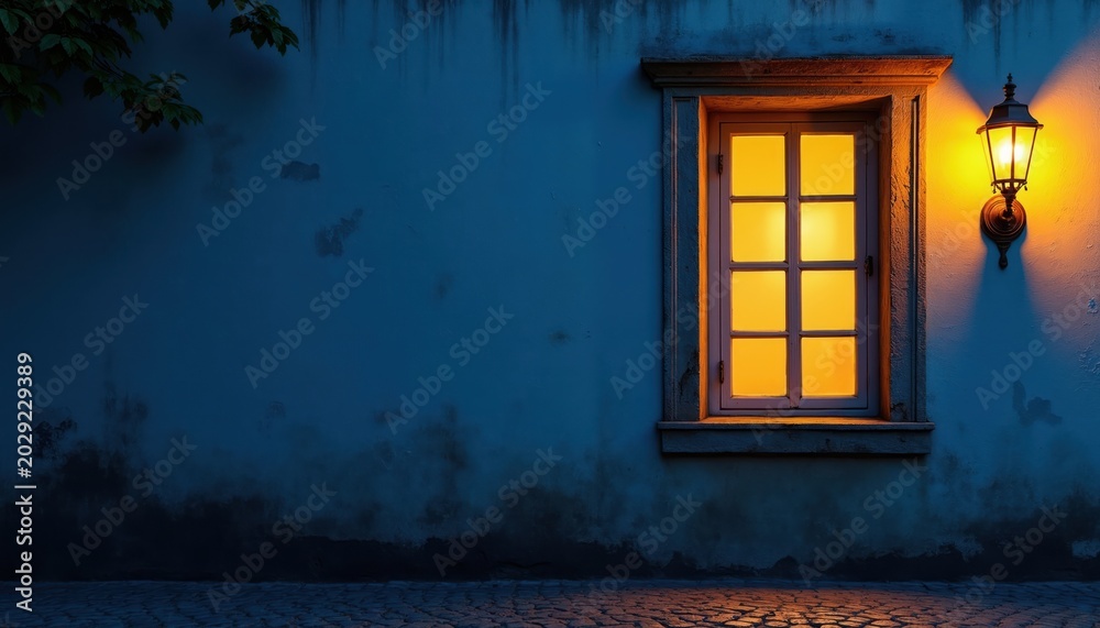 Fototapeta premium Old window glows warm yellow at night beside ornate lantern on textured blue wall. Cobblestone path reflects warm light. Tree branch hangs overhead. Wide copy space available.