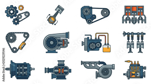 Photos Collection of various engine parts and mechanical components.