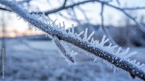 Close-up of frosted tree branch with snow during winter sunset