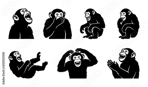 Photography Chimpanzee Vector Icons Set: Playful Primate Poses, Black Silhouette Graphics fo