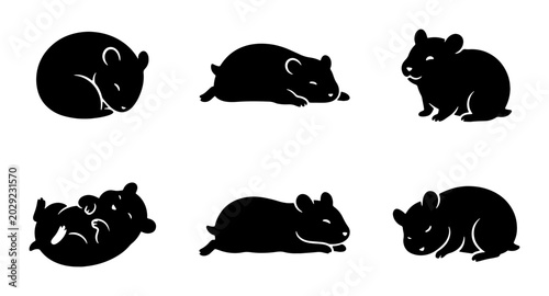Photos Black Hamster Vector Icons Set, Cute Rodent Silhouettes, Small Pet Poses, Adorab