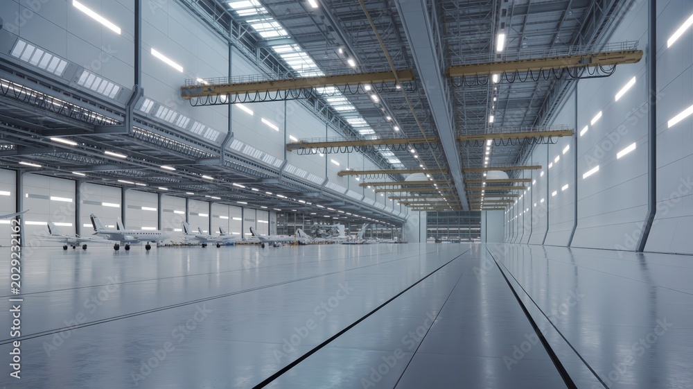 Fototapeta premium Modern Aerospace Manufacturing Hangar Interior with High Ceilings and Overhead Crane Equipment