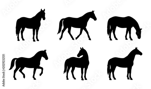 Fotografi Set of Six Horse Silhouettes, Equestrian Vector Icons, Animal Graphics, Farm Liv