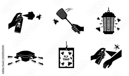 Foto Pest Control Icons: Insecticide Spray, Fly Swatter, Electric Bug Zapper, Ant Bai