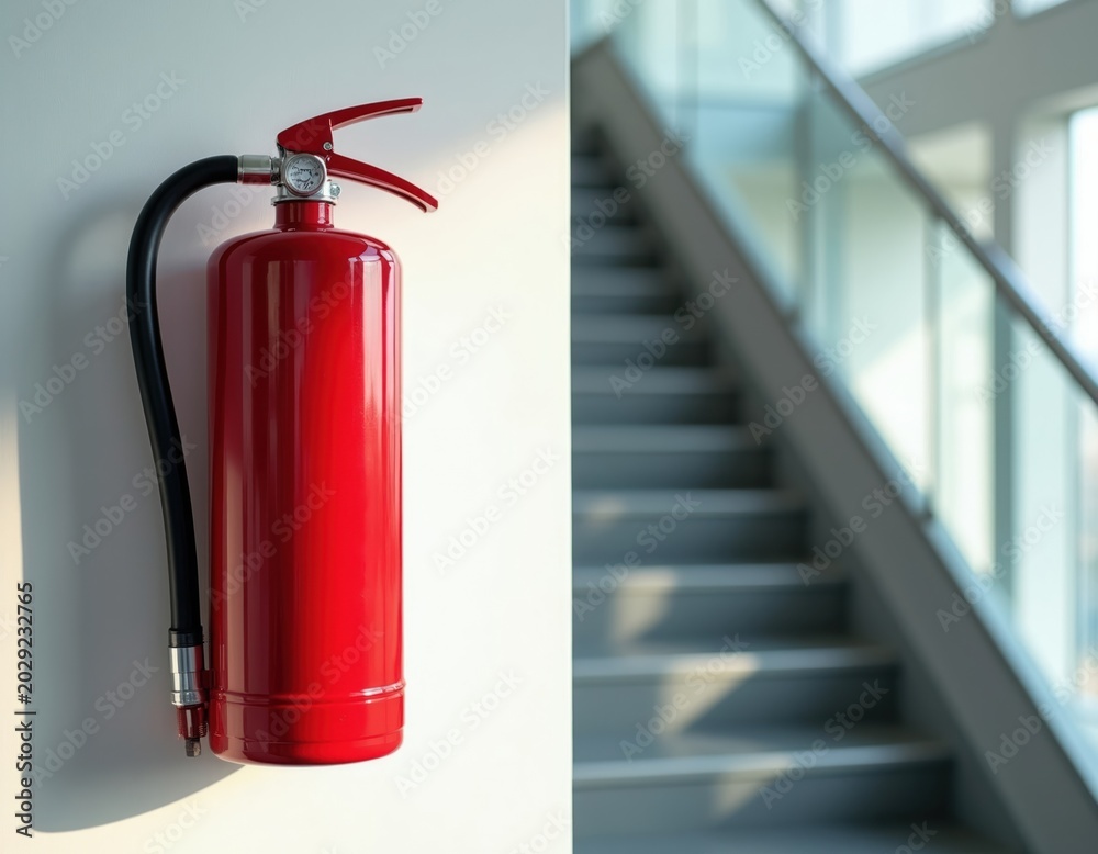 Obraz premium Red fire extinguisher mounted on wall next to modern building emergency stairs. Fire safety equipment near escape route. Building fire prevention device ready for use.