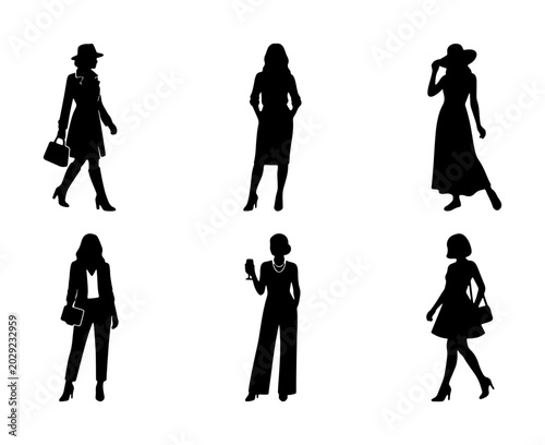 Tableau sur toile Set of 6 Black Silhouette Women Poses, Fashionable Ladies Vector Icons, Elegant