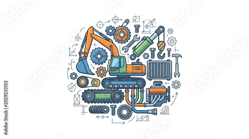 Φωτογραφία Construction excavator and mechanical parts illustration.
