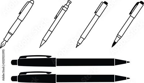 Photos Minimalist writing instrument icon set featuring fountain pen ballpoint pen marker and mechanical pencil silhouettes with outline vector illustrations for office and school supplies