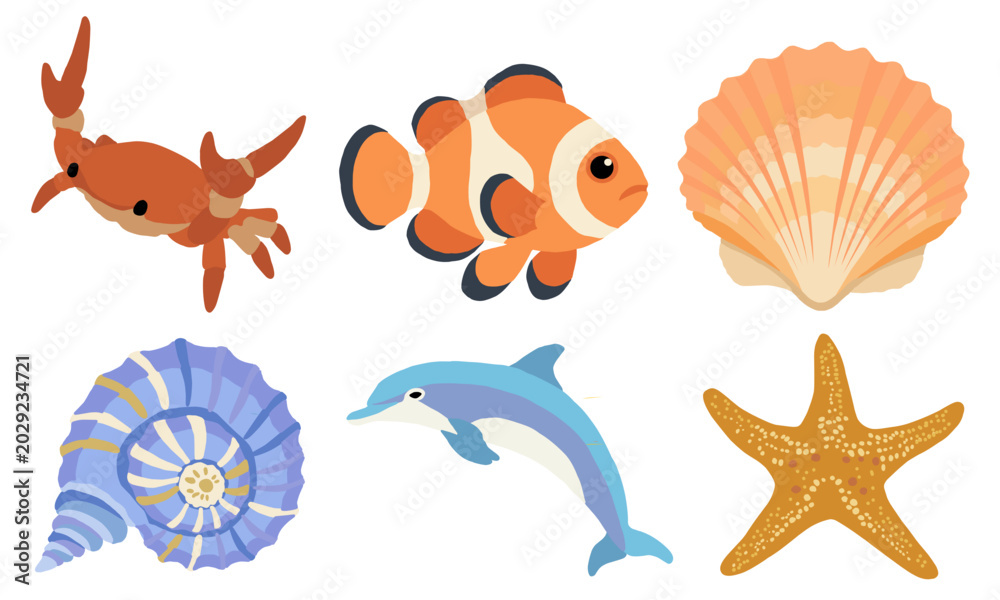 Obraz premium Set of cute marine animals and seashells. Cartoon illustration of clownfish, starfish, dolphin, crab, and ocean shells. Collection of sea creatures on a white background.