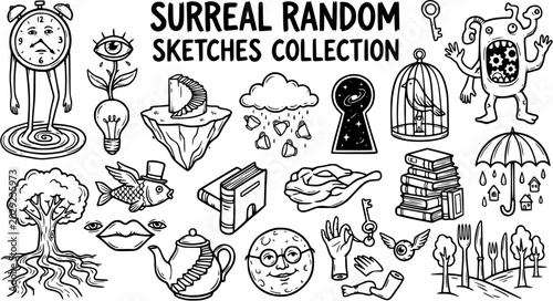 Foto Surreal Black and White Line Art Sketches Collection with Abstract and Whimsical