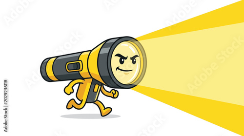 Angry cartoon flashlight with face walking.