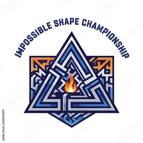 Impossible shape championship logo design featuring a labyrinth triangle and burning flame graphic impossible triangle labyrinth championship competition geometric illusion abstract identity