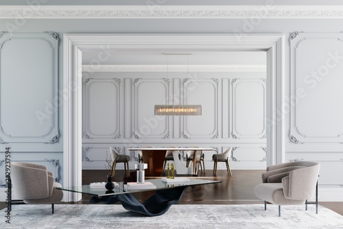 3D Render of Bright luxury dining room with classic wall moldings and crystal chandeliers.