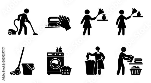 Fotografie Cleaning Icons Set: Vacuuming, Scrubbing, Dusting, Mopping, Laundry, Tidying Up,