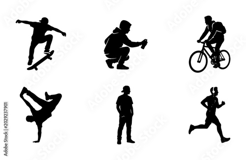 Bild auf Leinwand Urban Lifestyle Silhouettes: Skateboarder, Graffiti Artist, Cyclist, Breakdancer