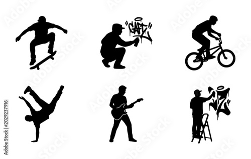 Foto Urban Street Art & Action Silhouettes: Skater, BMX Rider, Breakdancer, Guitarist