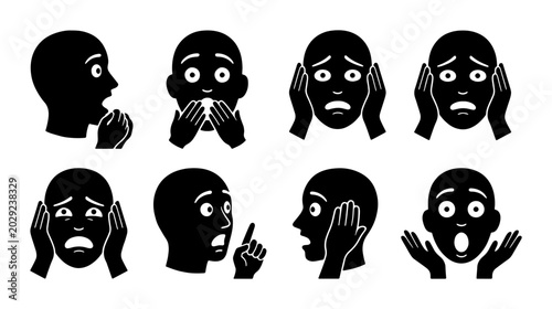 Photos Shocked Faces Vector Icons, Fearful Expressions Set, Surprise Emotion Silhouette