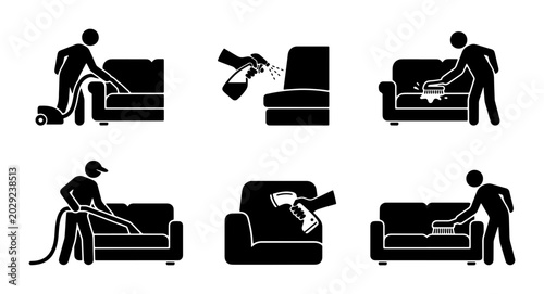 Valokuva Sofa Cleaning Icons Set, Furniture Care Pictograms, Household Chores Vector Grap