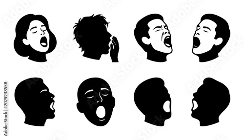 Photos Diverse Yawning Faces Collection, Human Expressions Set, Tiredness and Sleepines