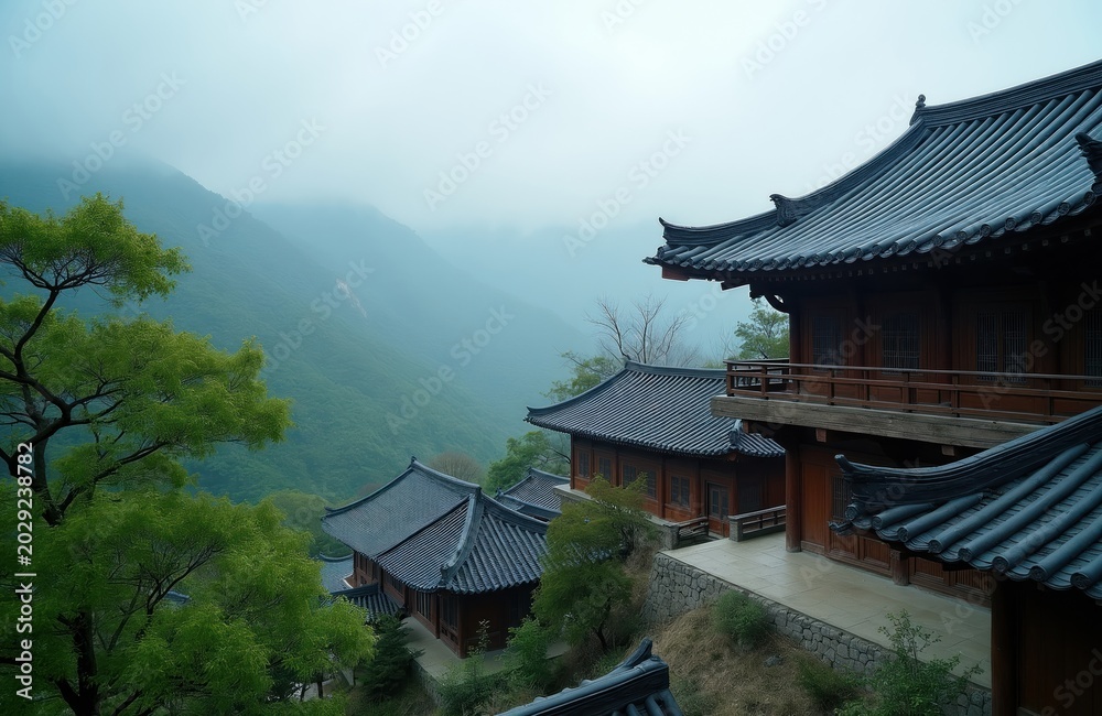 Fototapeta premium Traditional Korean temple buildings sit on misty mountain hillside with lush green trees. Ancient East Asian architecture features curved roofs and wooden structures against serene landscape backdrop.