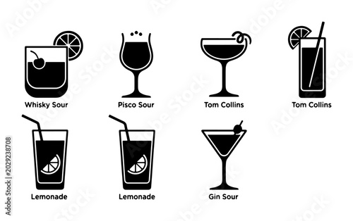 Photos Set of 7 Black and White Cocktail Icons, Including Whiskey Sour, Pisco Sour, Tom