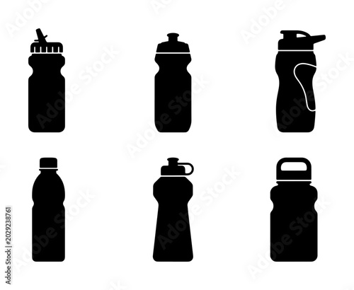 Set of 6 Black Silhouette Water Bottles, Sports Drink Containers, Hydration Vessels, Fitness Accessories, Exercise Gear, Liquid Carriers