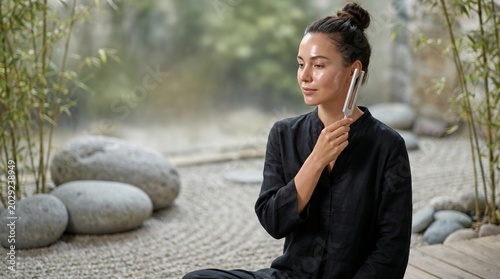 Woman Using Tuning Fork for Sound Healing Therapy in Zen Garden