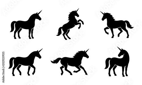 Fotografie Set of Six Black Unicorn Silhouettes, Mythical Horse Icons, Fantasy Creature Vec