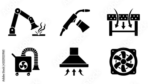 Foto Industrial Ventilation and Welding Icons: Robotic Arm, Welder Torch, Air Filter,