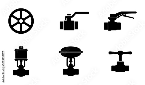 Quadro su tela Industrial Valve Icons Set, Plumbing Fixture Silhouettes, Mechanical Control Equ