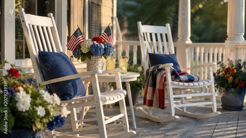 patriotic american porch with rocking chairs for fourth of july