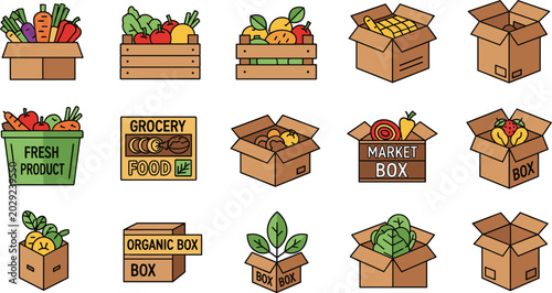 Schilderij op canvas Organic Grocery Box and Fresh Produce Packaging Vector Illustration Set Isolated