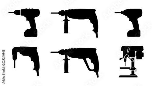 Slika na platnu Drill Silhouettes Collection: Power Tool Icons, Cordless & Hammer Drills, Bench