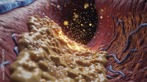 Close-up view of arterial plaque buildup in a blood vessel, showcasing the progression of fatty deposits and surrounding tissue in a detailed anatomical illustration