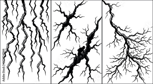 Black lightning bolt vector set with dramatic crack patterns and electric discharge silhouettes for weather and energy designs.Black lightning bolt vector set with dramatic crack patterns and electric
