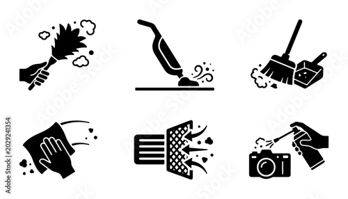 Tableau sur toile Household Cleaning and Maintenance Icons: Dusting, Vacuuming, Sweeping, Wiping,