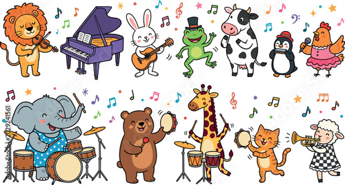 Cute Cartoon Animals Playing Musical Instruments Band Set With Lion Violin Piano Rabbit Guitar Frog Cow Penguin ChickenCute Cartoon Animals Playing Musical Instruments Band Set With Lion Violin Piano 