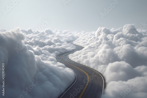Curving highway surrounded by soft clouds in a surreal sky landscape