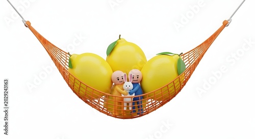 Characters relaxing with giant lemons in a net hammock