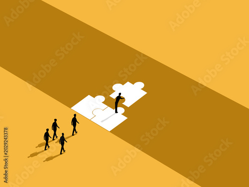Schilderij op canvas Business leaders put together pieces of a jigsaw puzzle, building bridges for th