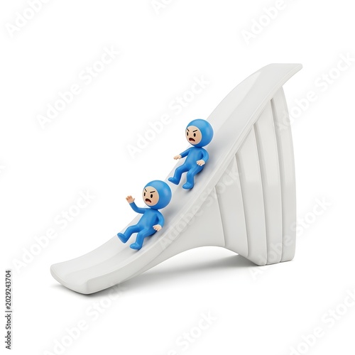 Two blue characters sliding down a white curved slope
