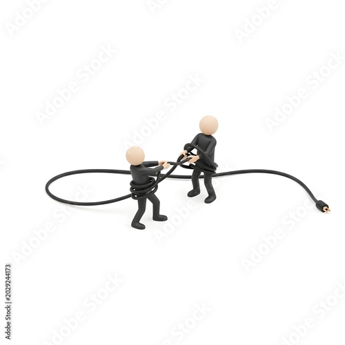 Characters struggling with a tangled black power cable