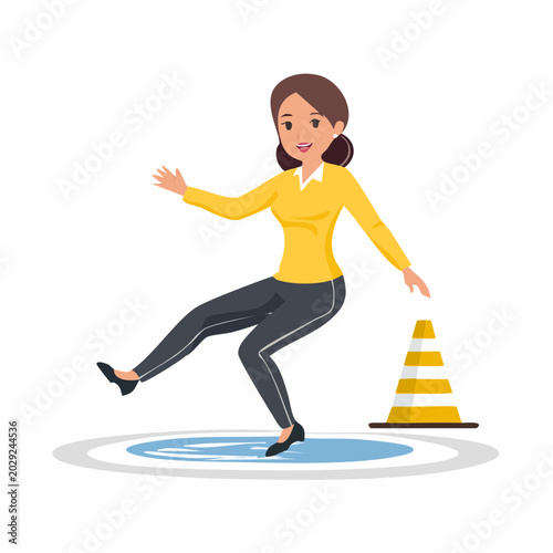 Woman slipping on wet floor near traffic cone