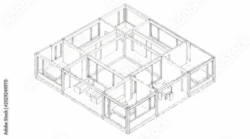 Architectural blueprint of a house floor plan isometric view.