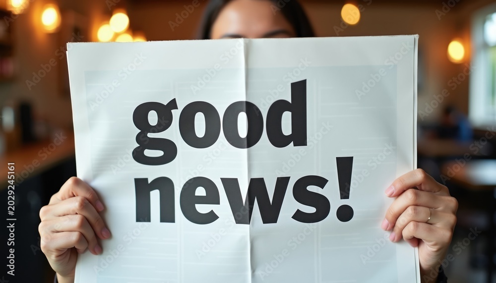Fototapeta premium Hands hold newspaper with large black text reading good news. Information spreads joy and positivity. Concept of positive updates. Background shows soft bokeh lights.