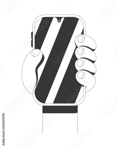 Hand holding phone mockup with reflective screen line neo brutalism tutorial graphic. Blank gadget grip. Cellphone interaction. Smartphone feature. App UI design. Black and white flat illustration