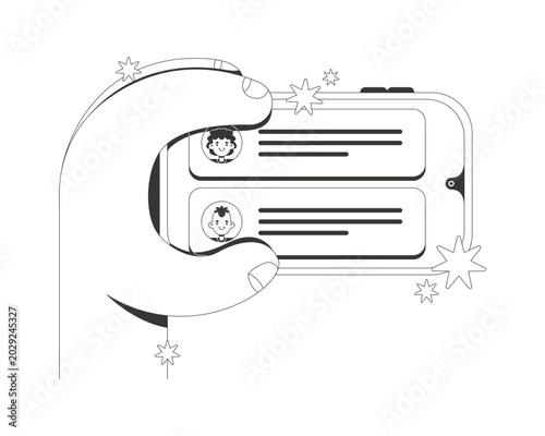Holding phone horizontally with chat interface line neo brutalism tutorial graphic. Communication in landscape orientation. Smartphone interaction. App UI design. Black and white flat illustration